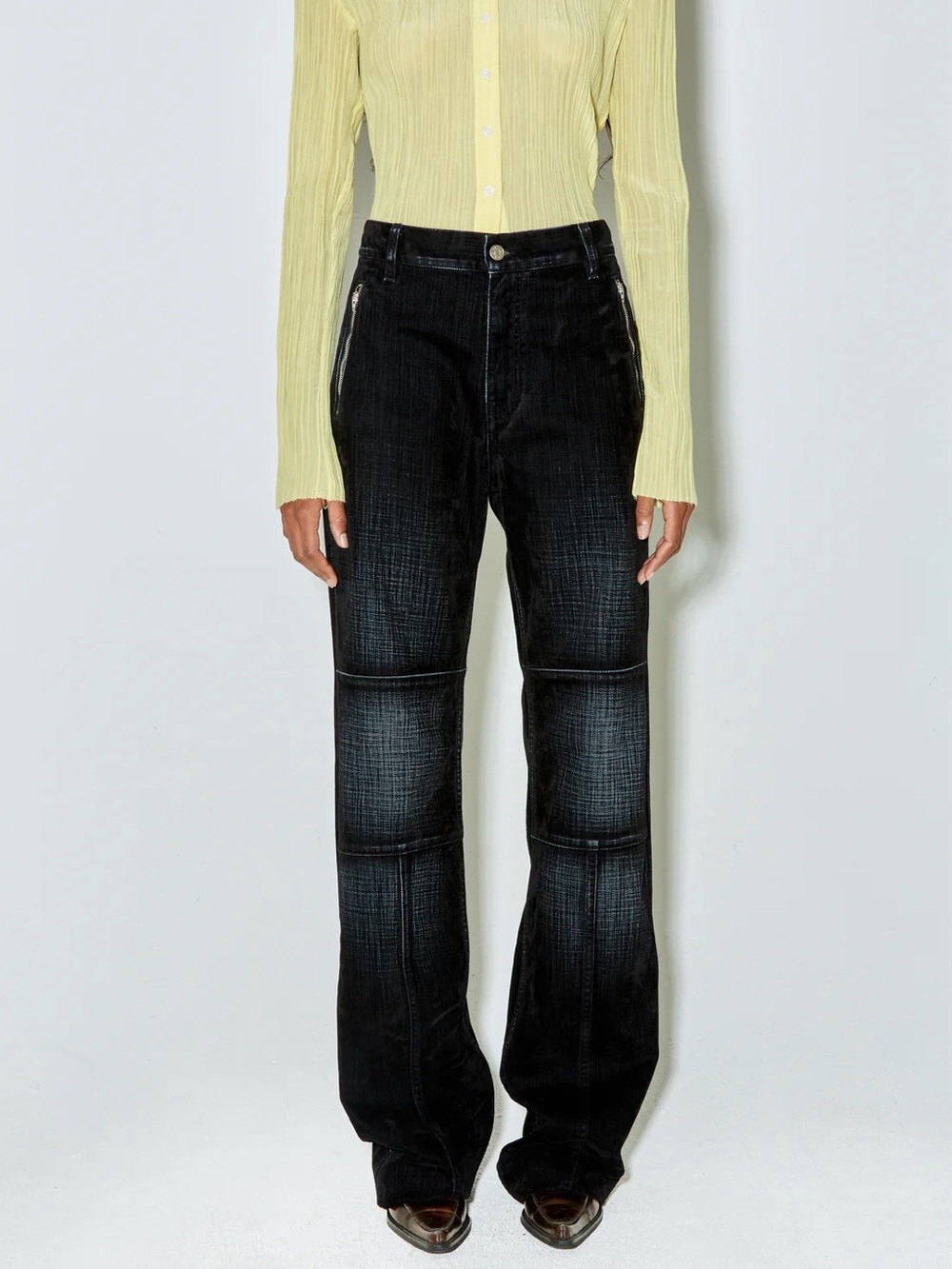 NWT FAÇON JACMIN Palerma Dark Navy Velvet Biker Pants Straight Jeans